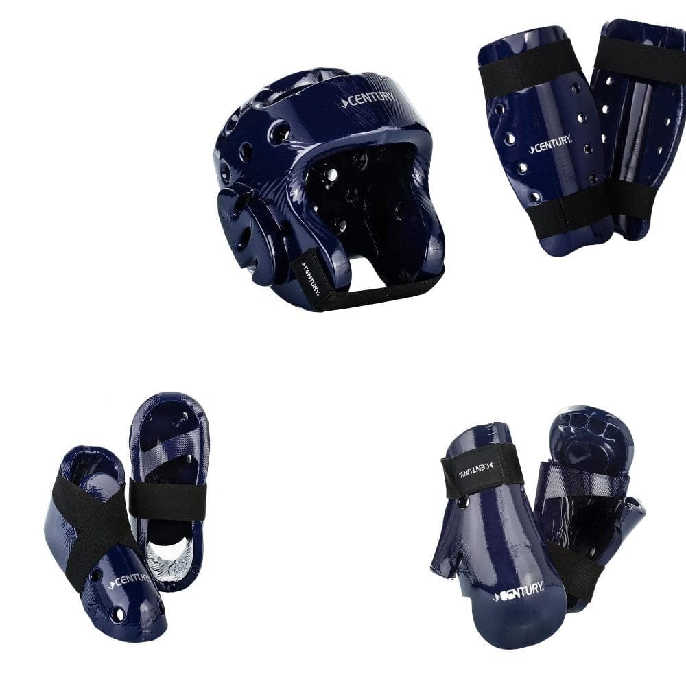 Century sporting goods Blue / shoe size child 12-13/child gloves/shin / youth 20-21 inch Century 7 piece karate Taekwondo sparring gear combo set