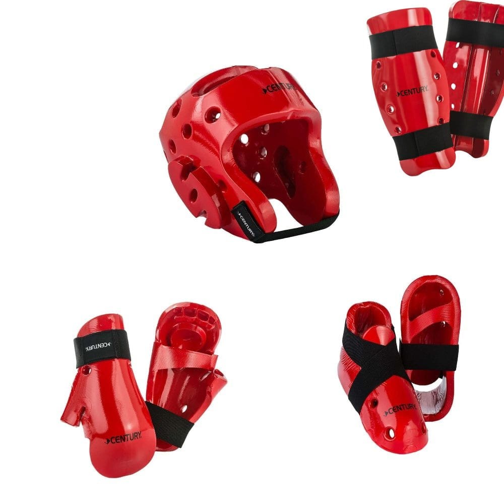 Century sporting goods Red / shoe size child 12-13/child gloves/shin / youth 20-21 inch Century 7 piece karate Taekwondo sparring gear combo set