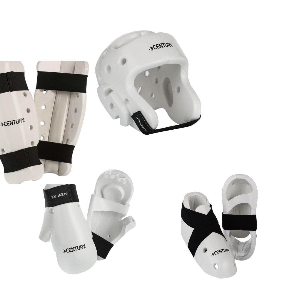 Century sporting goods White / shoe size child 12-13/child gloves/shin / youth 20-21 inch Century 7 piece karate Taekwondo sparring gear combo set