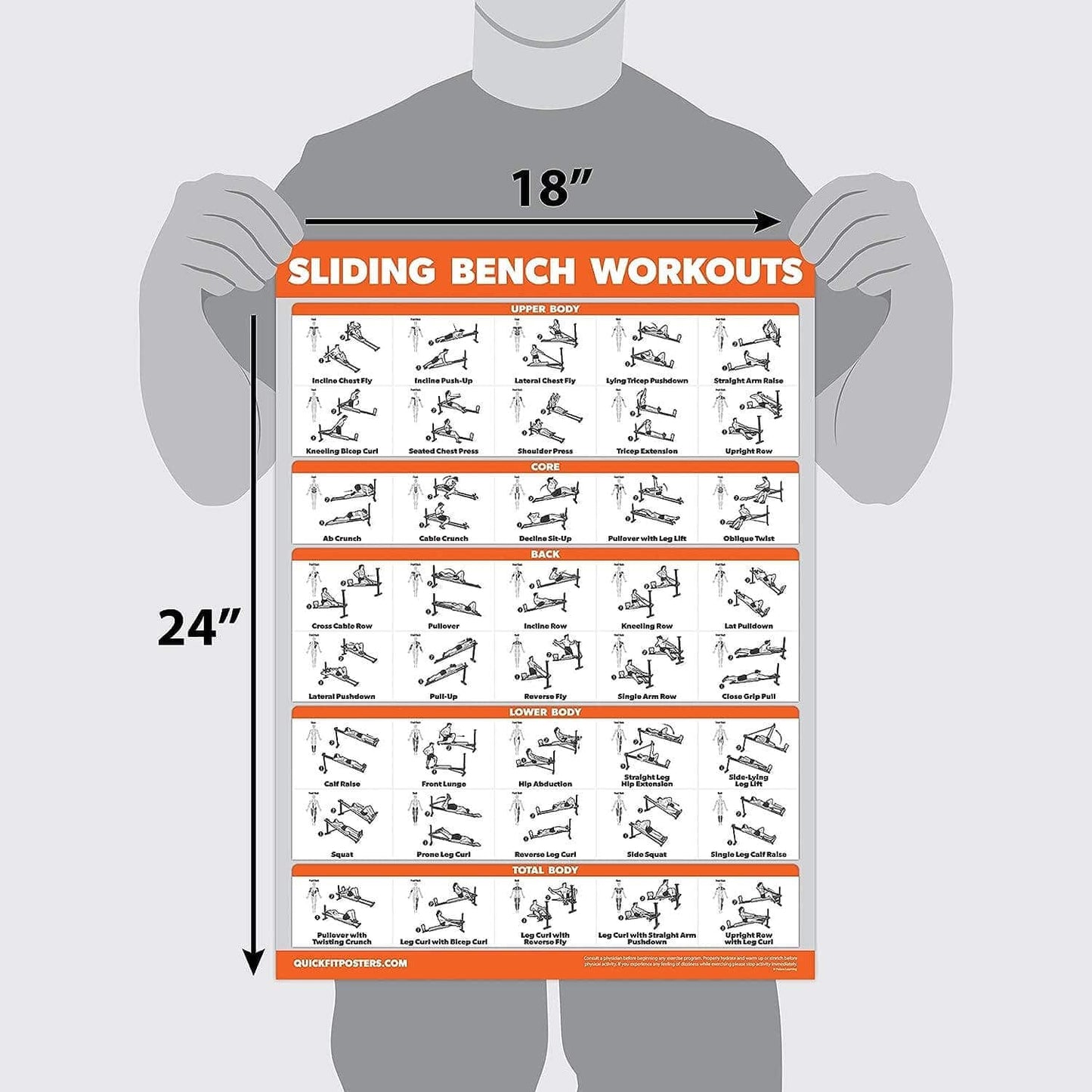 Eclipse Martial Art Supplies Fitness Planners Sliding Bench Workout Poster - Compatible with Total Gym