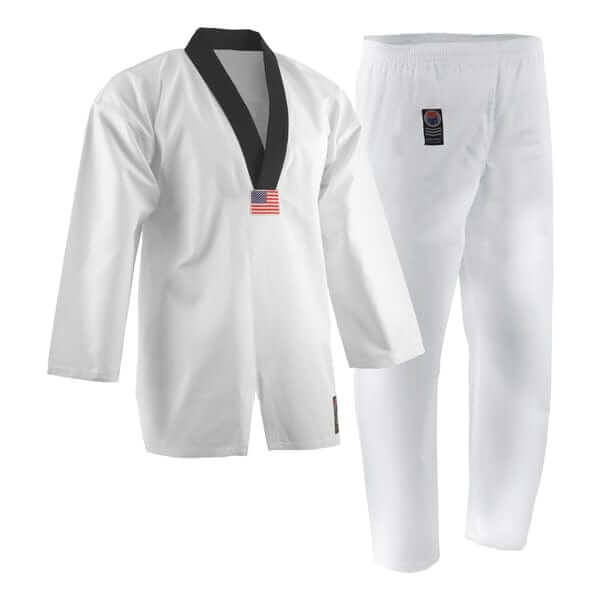 ProForce sporting goods 1 child med ProForce Gladiator 7 oz TKD Uniform white with black V-neck