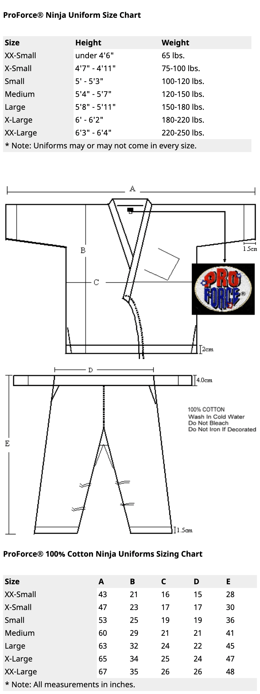 ProForce sporting goods ProForce 100% Cotton Ninja Uniform